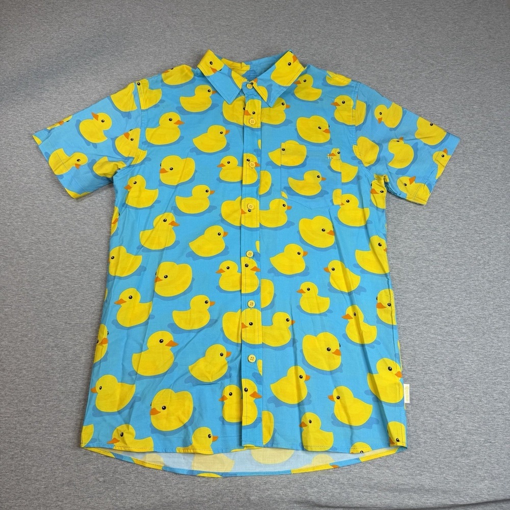 Tipsy Elves Rubber Duck Button Up Shirt Short Sleeve Blue Yellow Mens M Pockets